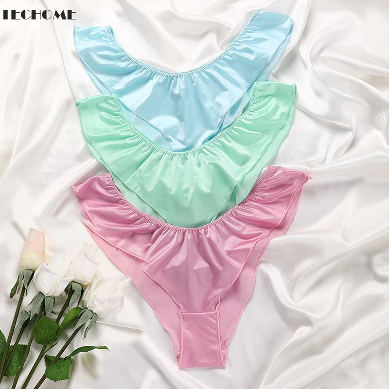 

Ruffle Trim Women Ice Silk Thongs Fungus Ladies Panties Low Waist Sexy Fun Thong Seamless Ice Silk One Piece Seamless Panties