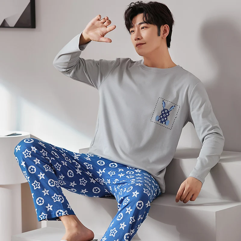 Spring Autumn Knitted Cotton Cartoon Men's Pyjamas Couple Pajama Sets Casual Male Sleepwear Pyjamas Night Pijamas Homewear 4XL
