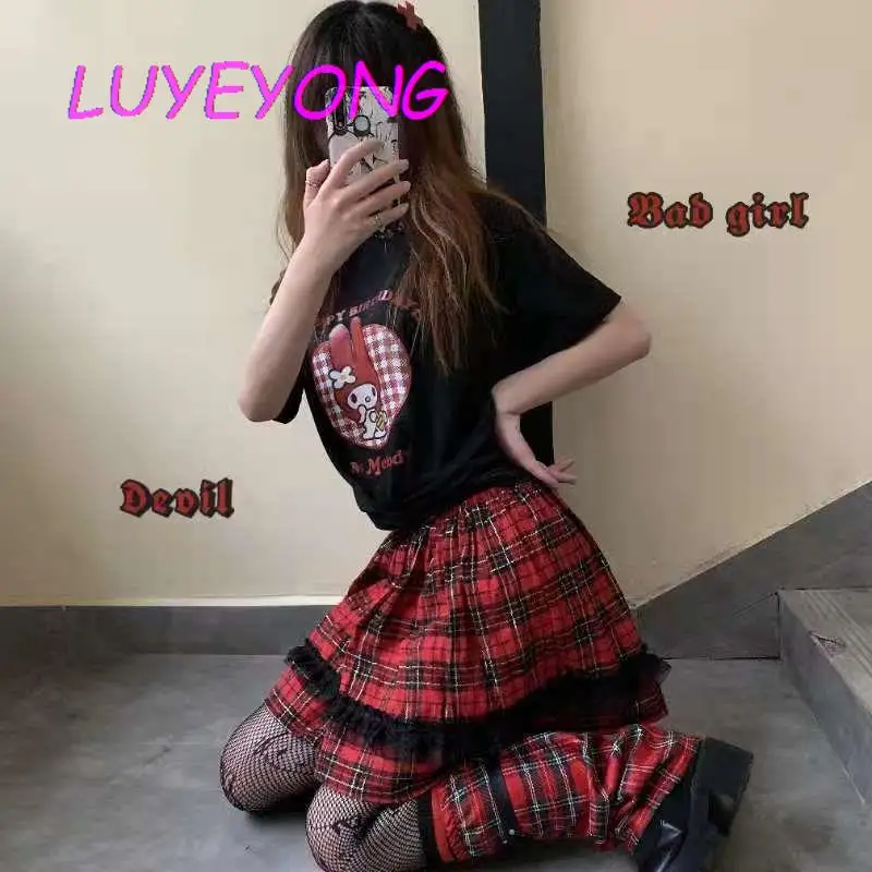 Корейская мода Y2k Милая клетчатая кружевная короткая юбка с эластичной талией