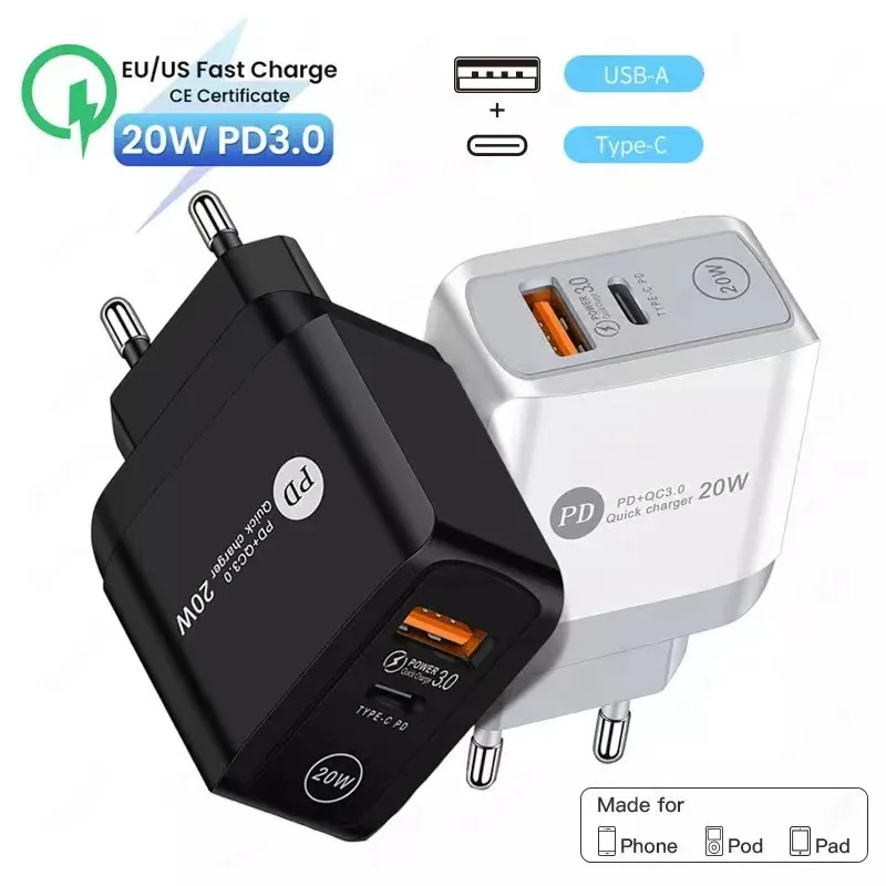 

EU/US Plug USB Charger PD20W+QC3.0 Mobile Phone Fast Charging Adapter For IPhone 12 Pro Max Tablet Portable Wall Mobile Charger