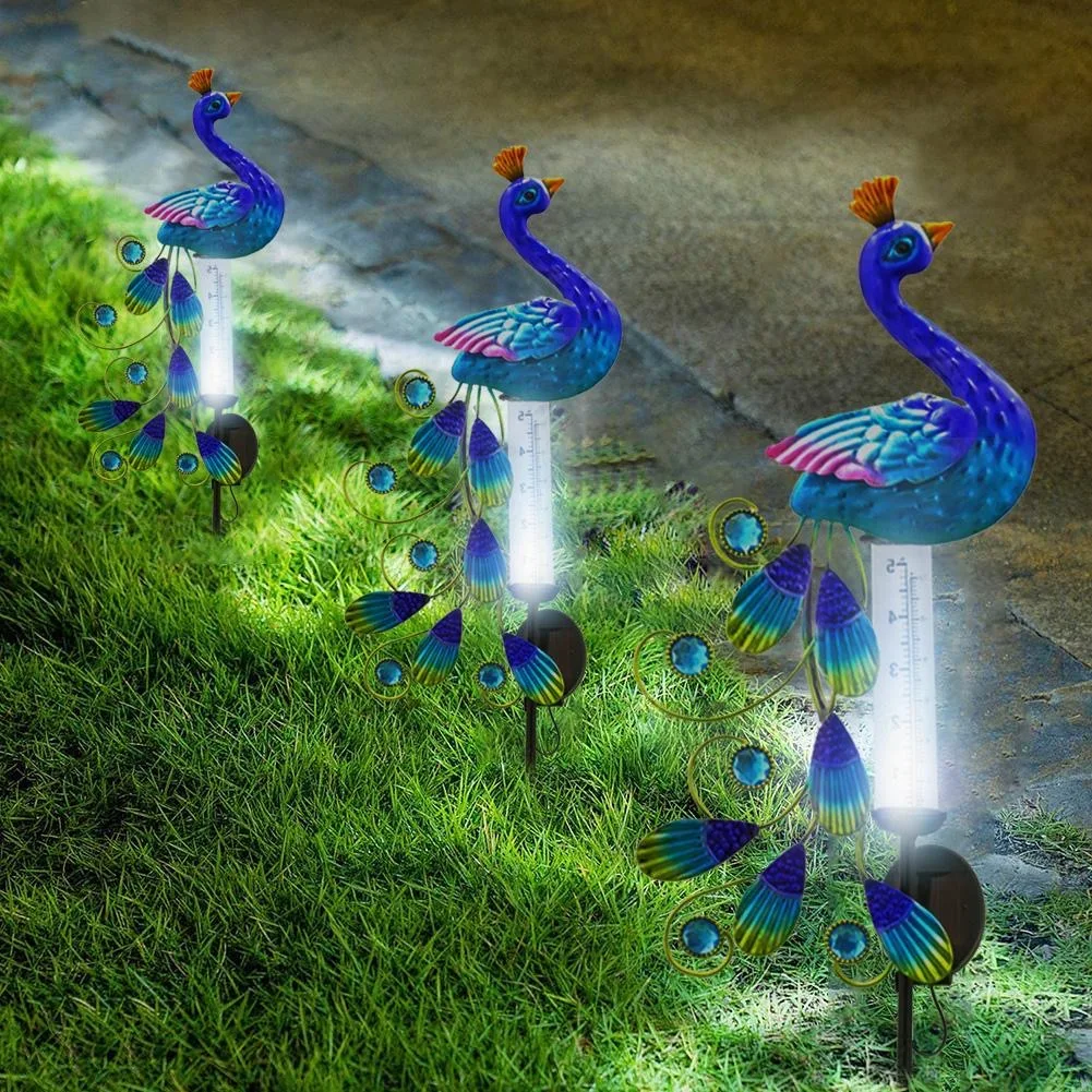 

Solar Powered Peacock Light Outdoor Courtyards Gardens Statue Mental Iron Peacock Animal Rain Gauge Lawn Lamp Decoration
