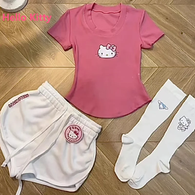 

Sanrio Hello Kitty Y2k Top Kawaii KT Cat Slim Sexy TShirt Sanrio Y2k Girl Short Tees Women Fashion Sexy Shorts Womans