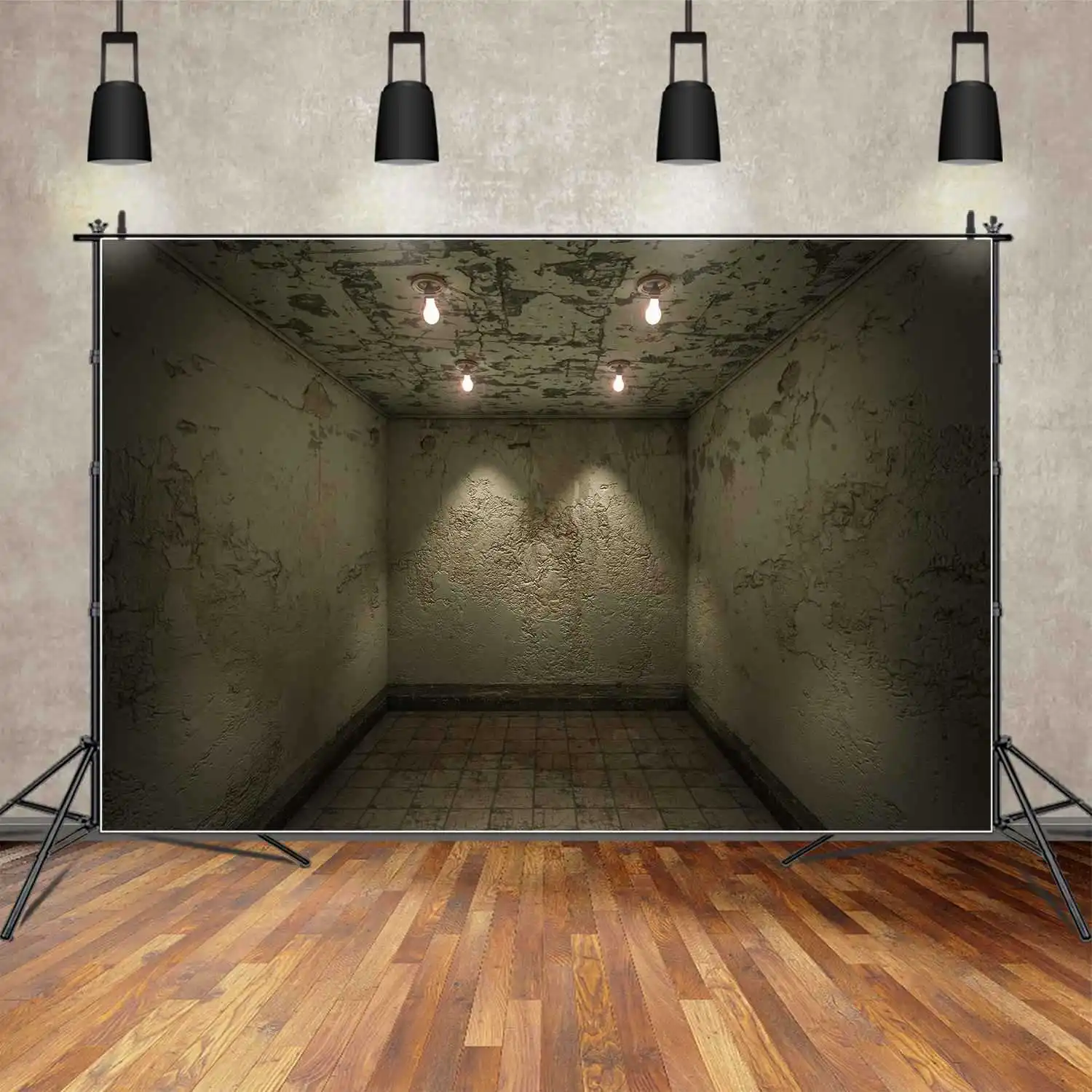 

MOON.QG Backdrop Halloween Grunge Bulbs Lights Room Background White Faded Cement Wall Tile Floor Decoration Photo Booth Props