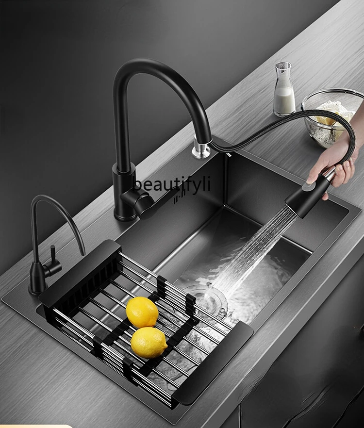 

zq Washing Basin Single Sink Sink Kitchen Nano Scullery 304 Stainless Steel Sink Black