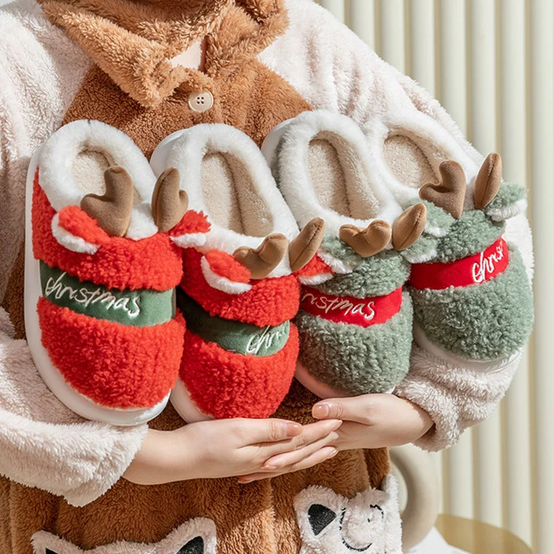 Christmas Deer Slippers Home Floor Couple Winter Non-Slip Slippers Warm Plush Shoe Thick Sole Indoor Slides Adult Party Slippers