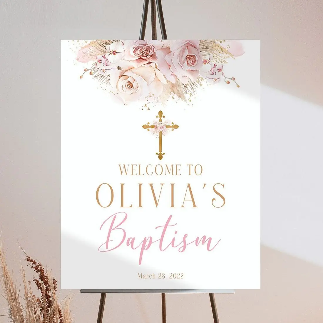 

Dusty Pink Baptism Welcome Sign Gold Cross Pampas Grass Welcome Sign Blush Pink Boho Baptism Welcome Pink Floral Party Decor