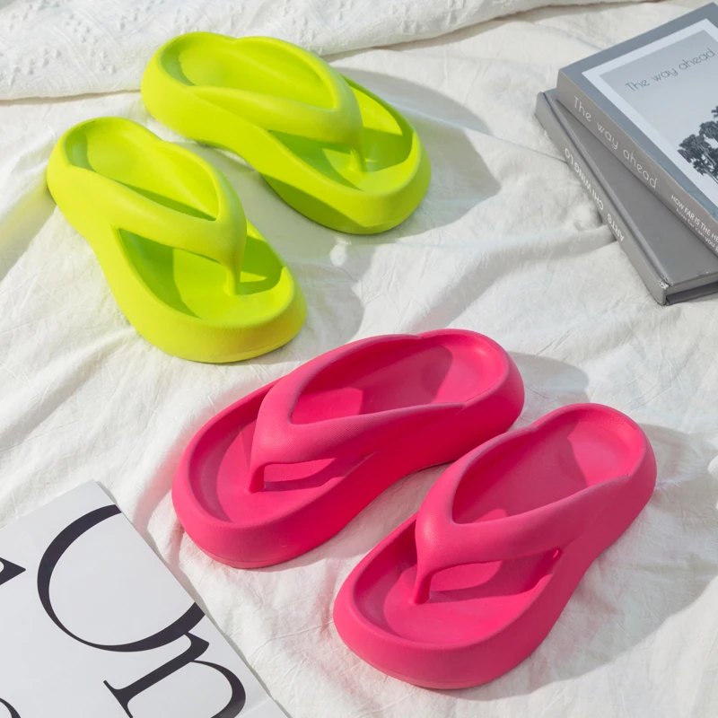 Women Funky Green Simplicity Flip Flops Heighting Platform Beach Slippers Summer Leisure Open Toe Slides Soft EVA Bathroom Shoes