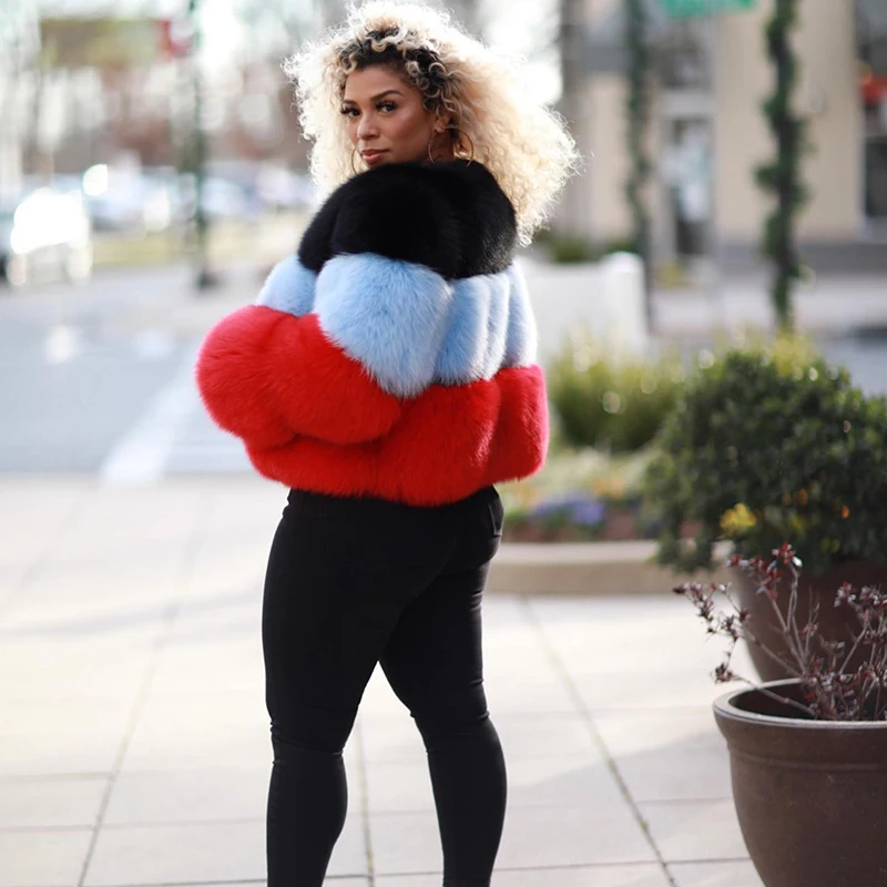 Contrast Color Natural Fox Fur Jacket Women Streetwear Winter New Thicken Warm Tide Outertwear Lady Genuine Fox Fur Coat Female