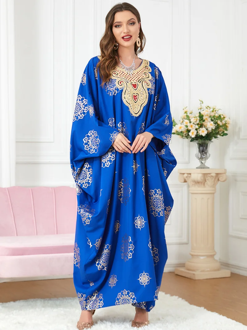 Muslim Woman Abaya Turkey 2022 New Lace Embroidery Retro Printed Maxi Dress Batwing Sleeve Casual Loose Moroccan Caftan
