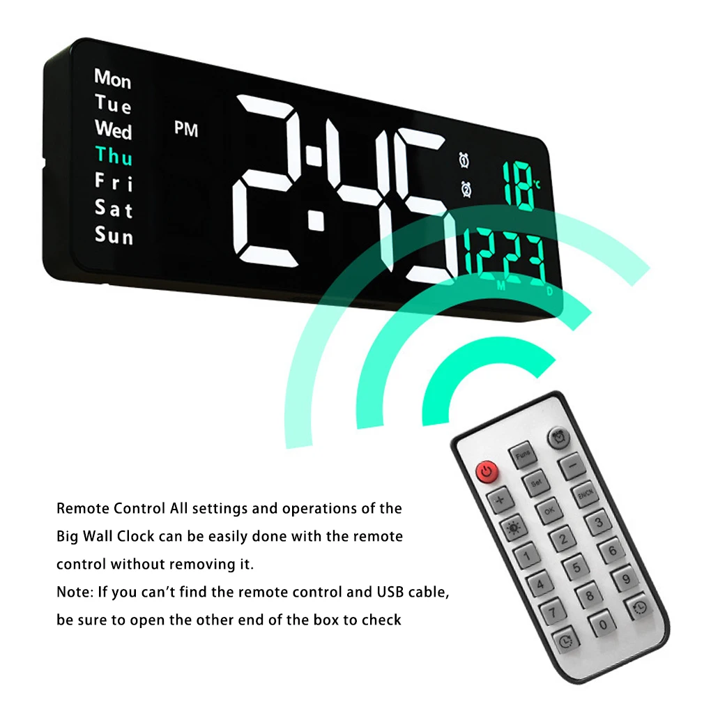 

16 Inch Large Screen Alarm Clock Digital LED Wall Living Room Temperature Time Week Bell Hanging Ornament Green