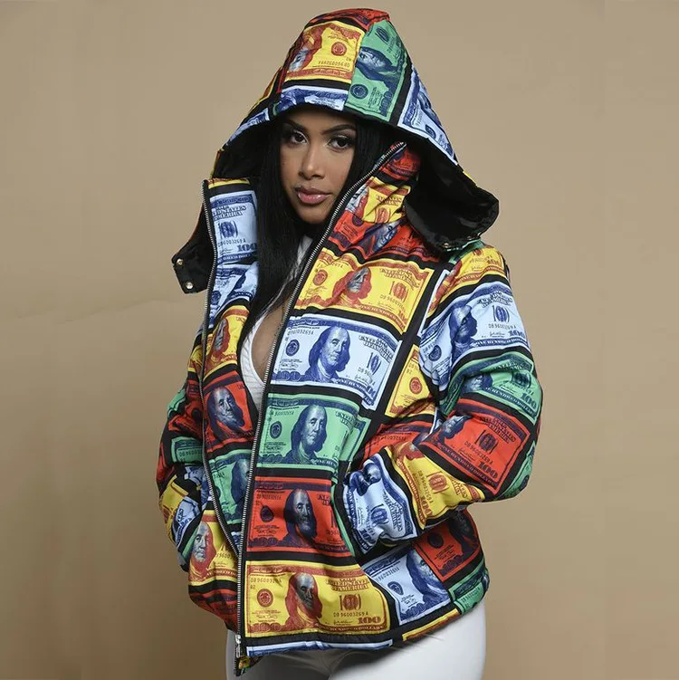 2022 Street Hipster Banknote Print Down Jacket Zip Top Jacket Jaqueta Feminina