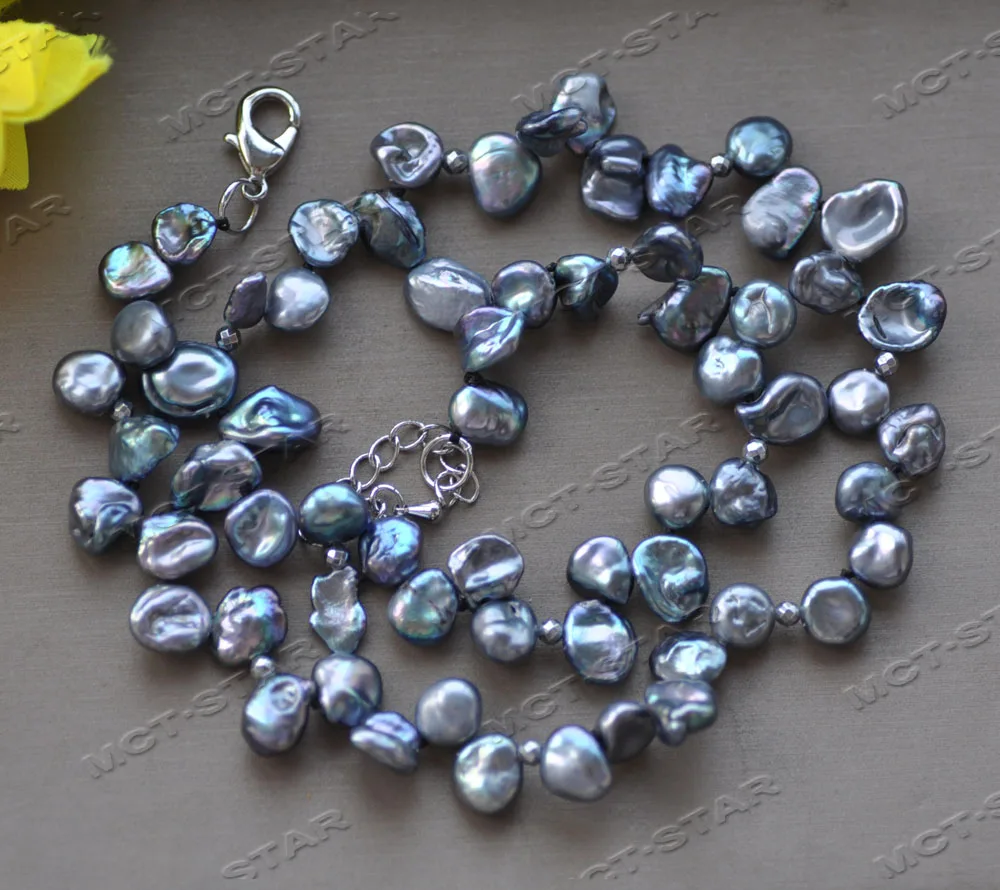 

MCT·STAR Z12442 20" 10mm Peacock-Black Baroque Lamina Keshi Pearl Necklace