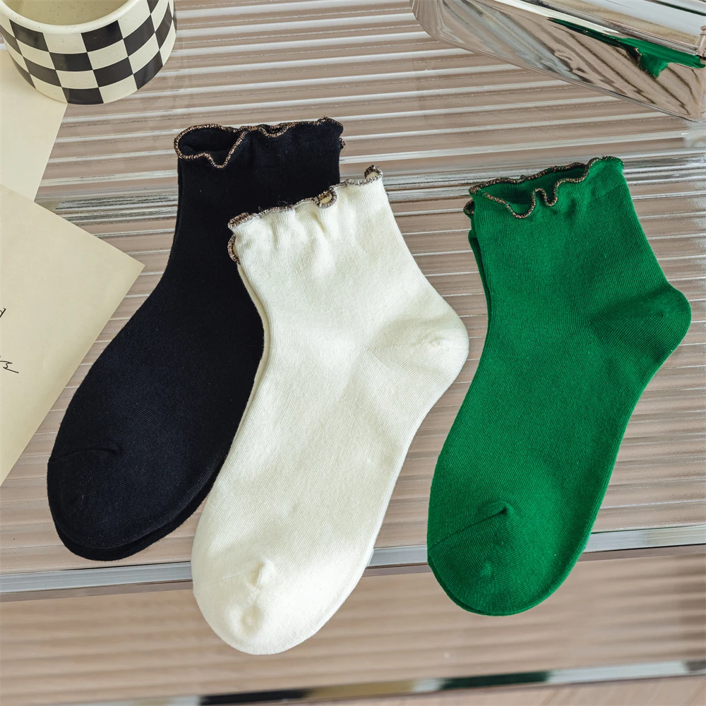 

Korean Fashion White Socks Woman Solid Color Ruffles Socks Spring Autumn Medium Tube Long Socks Gyaru Cute Socks Woman Stockings