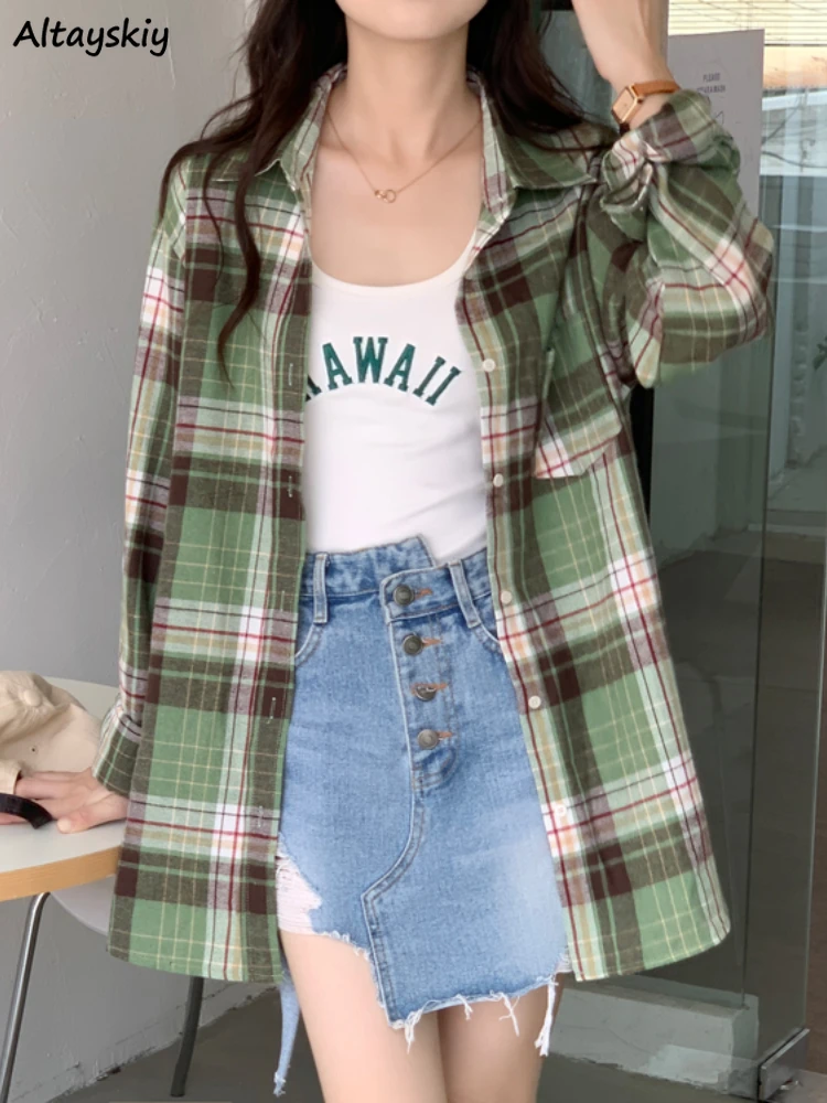

Summer Korean Style Shirts Women Loose Sun-proof Mid-length Long Sleeve Plaid Design Students Leisure All-match Popular Retro