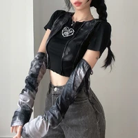 goth grunge woman tshirts tie dye print contrast patchwork black pullover with arm gloves slim short sleeve summer tops
