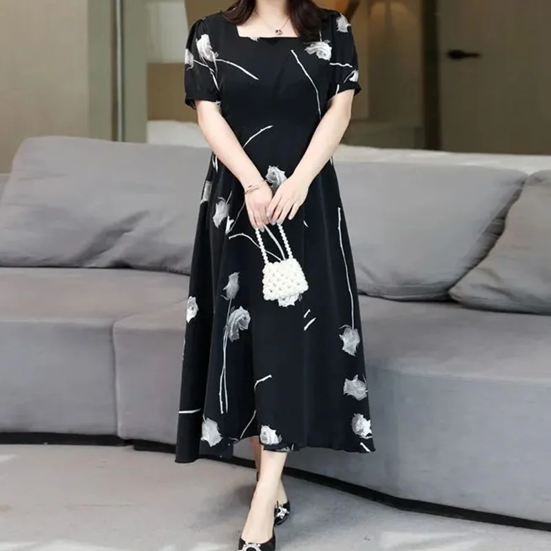 Plus Size Women's Summer New Short Sleeve A-line Dresses Prairie Chic Floral Printing Round Neck Black Loose Ankle-Length Dress