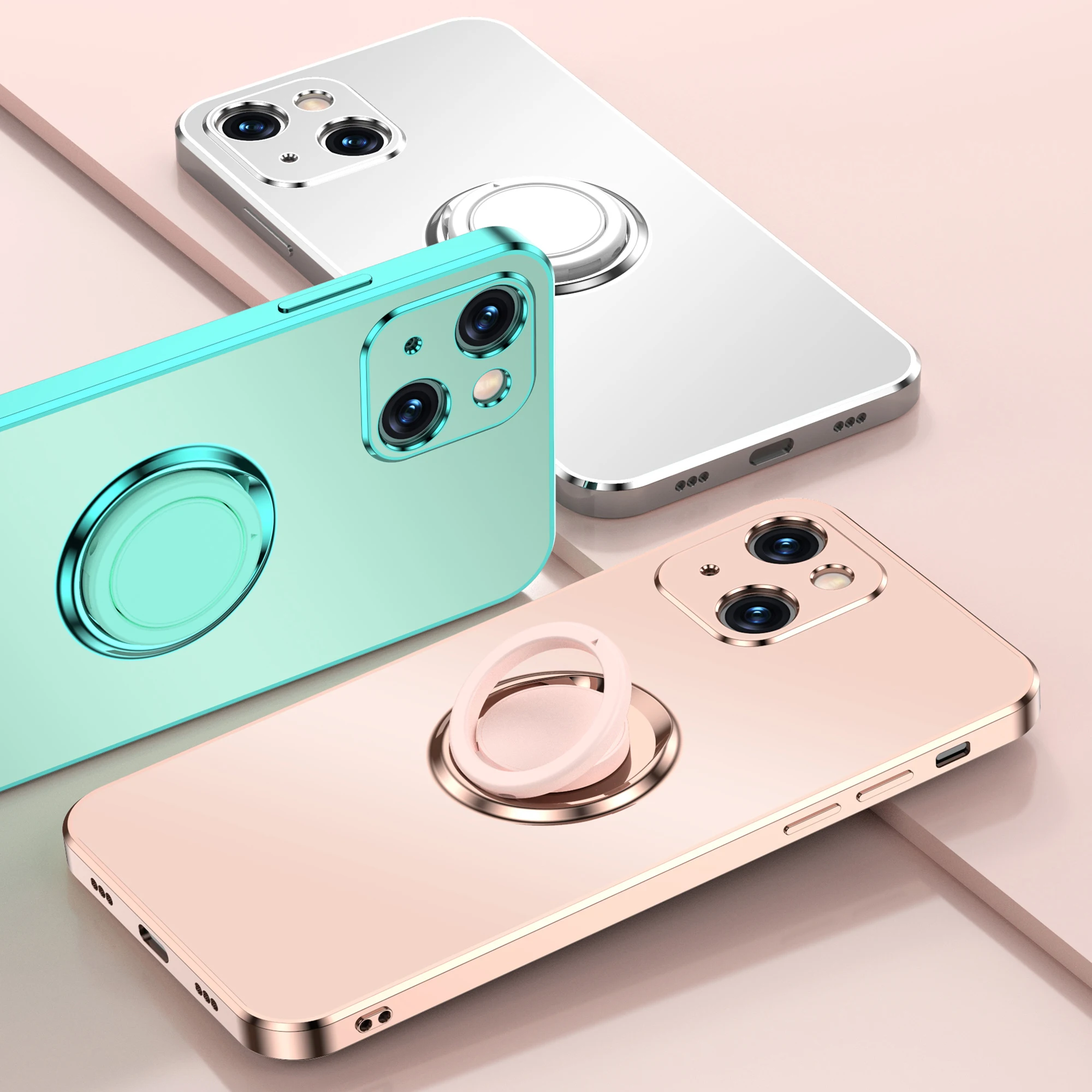 

Luxury Plating Silicone Case For iPhone 13 12 11 Pro Xs Max Mini SE X XR 7 8 Plus Matte Metal Ring Holder Stand Soft Phone Cover