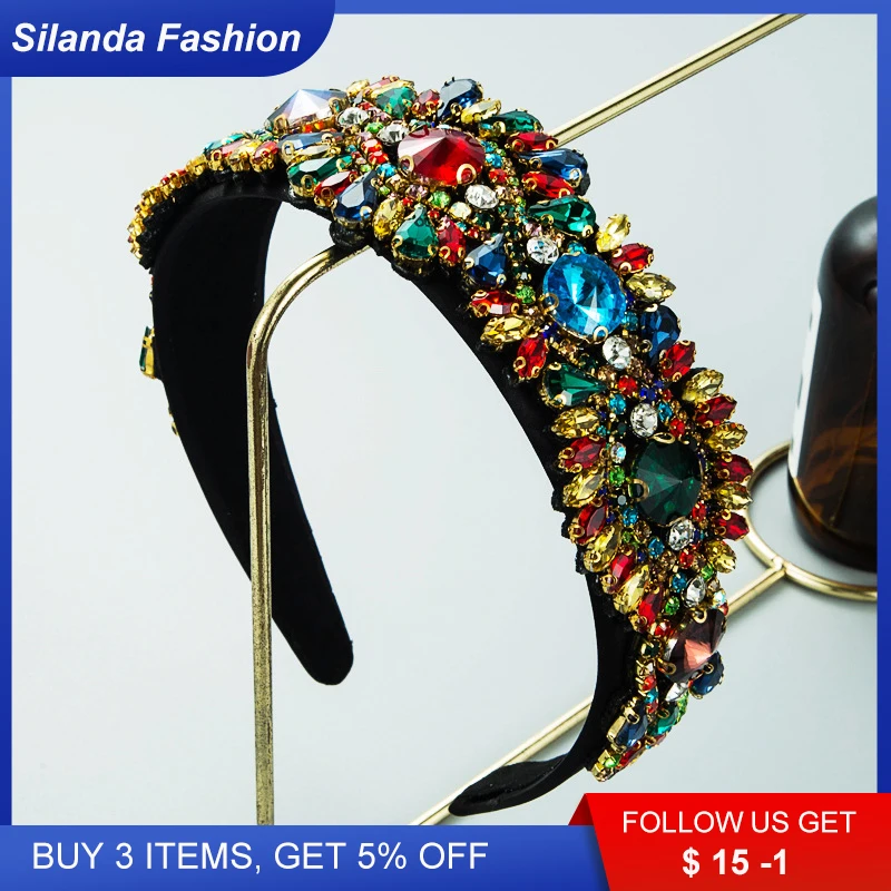

Silanda Fashion Women's Colored Headband Baroque Sparkling Glass Drill Rhinetone Setted Headdress Wide-brim Hand-made Hair Band