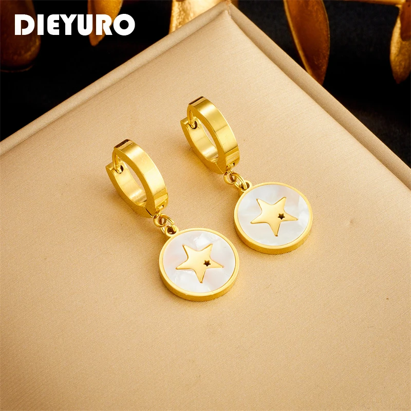 

DIEYURO 316L Stainless Steel Round Star Charm Earrings For Women Girl Luxury Fashion Ear Buckle Jewelry Ladies Gift Party cерьги