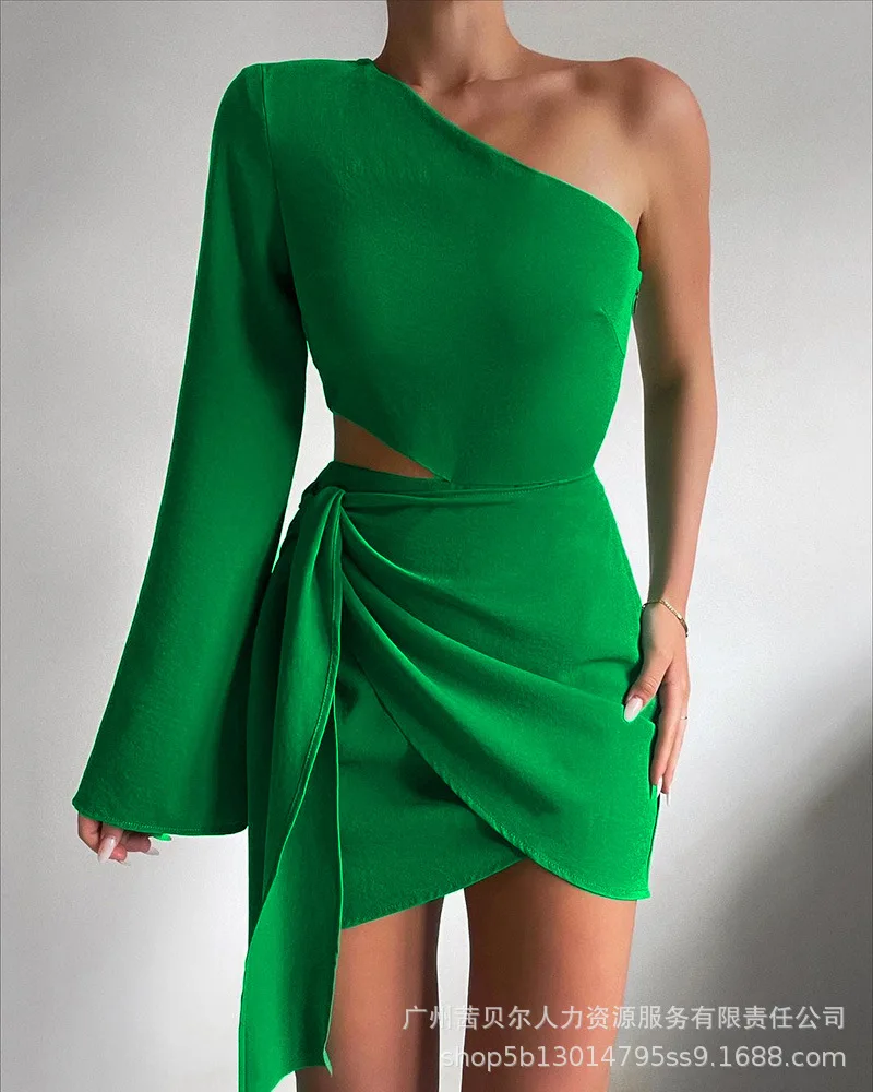 

2022 Women's Dress Green One Shoulder Hollow Lace Up Dress Sexy Mini Skirt