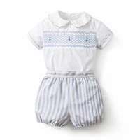 cekcya baby boy hand made smocking suit children summer embroidery shirt striped cotton shorts boys spanish smocked clothes set