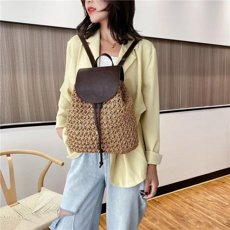 

French Vintage Paper Rope Woven Backpack Fashionable, Simple And Versatile Combination Leather Hollow Grass Woven Bag For Women