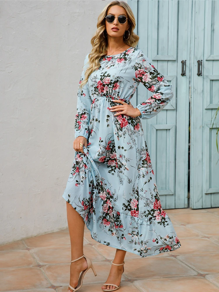 

Chiffon Floral Dress Women Elegant Ruffles Long Sleeve Dresses Female Fashion O Neck Casual High Waist Beach Maxi Dress Summer