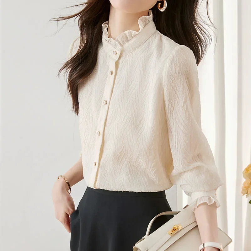 Новая женская рубашка с длинным рукавом однотонная рюшами блузка женские топы