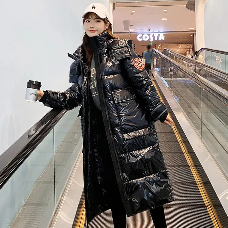 2022 Winter New Fashion Down Padded Jacket Women's Mid-Length Hooded Loose Shiny Coat Thick Warm Candy Color Parkas Female