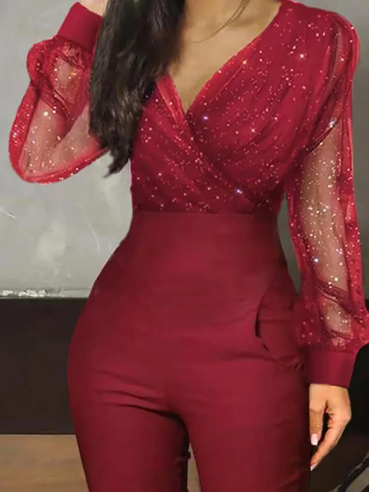 

Женский комбинезон с длинным рукавом, однотонный облегающий простой комбинезон в стиле пэчворк, повседневные брюки-карандаш с V-образным вырезом, Женское боди, Прямая поставка, 2022