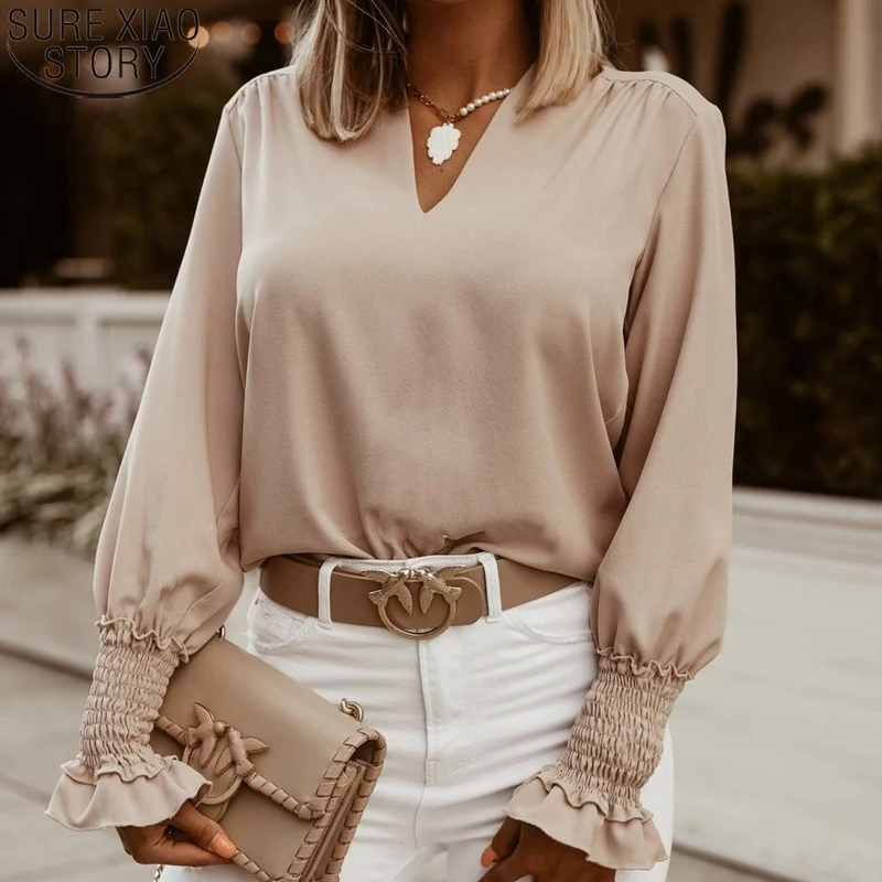 

Однотонная Простая Офисная Дамская рубашка с V-образным вырезом, Свободный пуловер, блузки с длинными расклешенными рукавами, осенне-зимние женские топы, одежда 19039