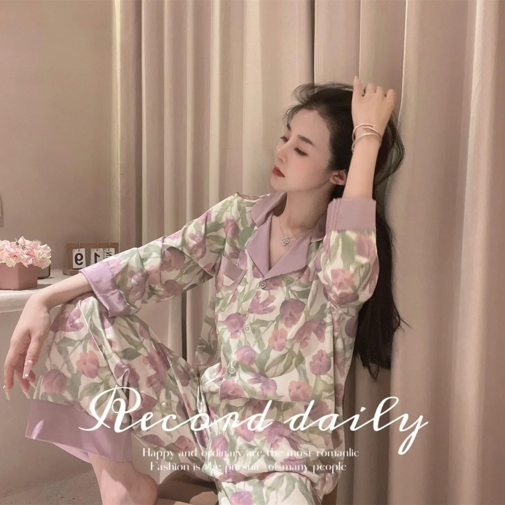 FALLINLAOE Tulip Print Sweet Romantic Women Pajama Set Spring Autumn Pajamas Ice Silk Long Sleeve Home Wear Pajamas