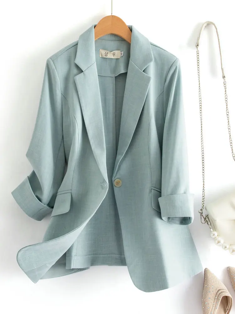 2022 Women Smart Casual Blue Blazers Single Button Notched Collar Three Quarter Sleeve Jacket Suit Office Ladies Elegant Outifts