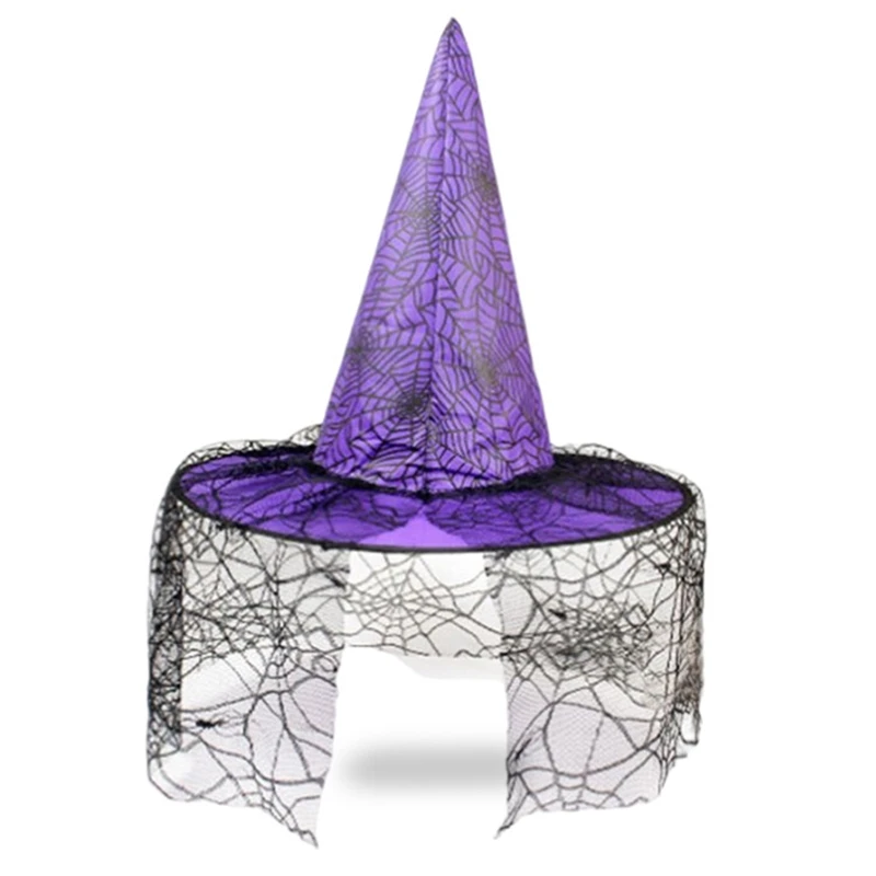 

Adult Kids Witch Hats with Spider Web Veil Masquerade Wizard Hat Cosplay Costume Halloween Party Fancy Dress Decor