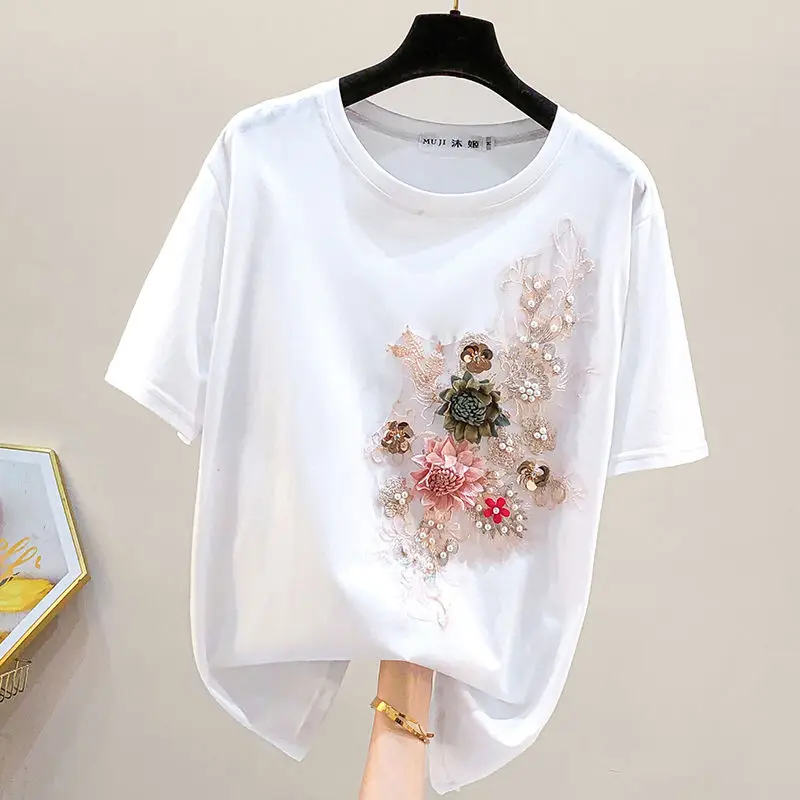 

Large Women's Clothing 2022 Spring Summer New Heavy Industry Flower Embroidery T-shirt Short Sleeve Top Loose Thin T-shirt