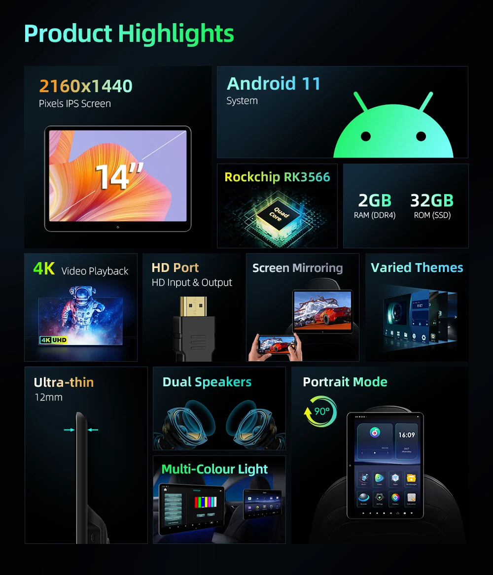 XTRONS монитор на подголовник автомобиля 14 дюймов Android 11 2160x1440 разрешение G +
