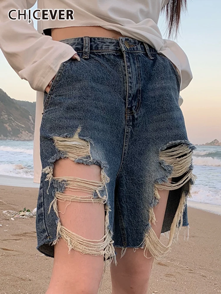 

CHICEVER Streetwear Patchwork Big Holes Short Jeans For Women High Waist Irregular Denim Shorts Female Summer Fashion Clothing