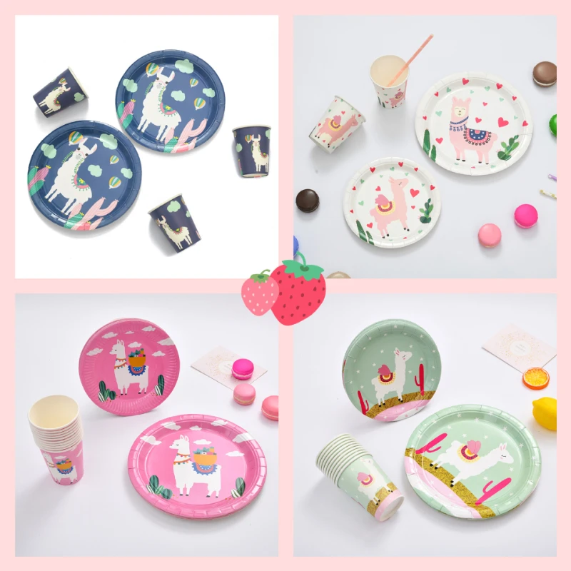 

Party Gathering Disposable Tableware Creative Alpaca Paper Cup Paper Pallet Party Supplies Decoration Birthday Baby Shower