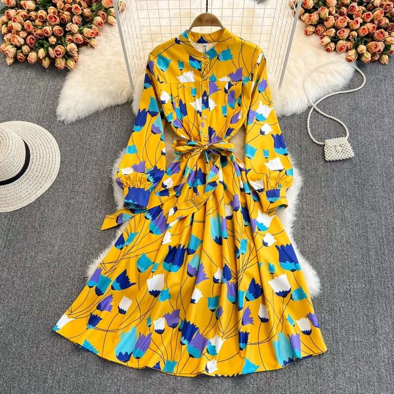 

Runway Midi Long Shirt Dress Women 2022 Autumn Single Breasted Long Sleeve A-Line Floral Printed Dress Elegant Lace Up Vestido