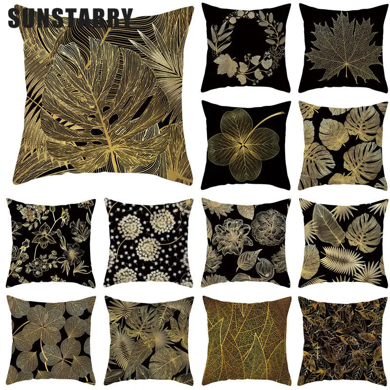 

Black Golden Leaf Decorative Cushion Cover Bed Car Pillow Pillowcase Polyester 45*45 Throw Pillows Home Decor Pillowcover
