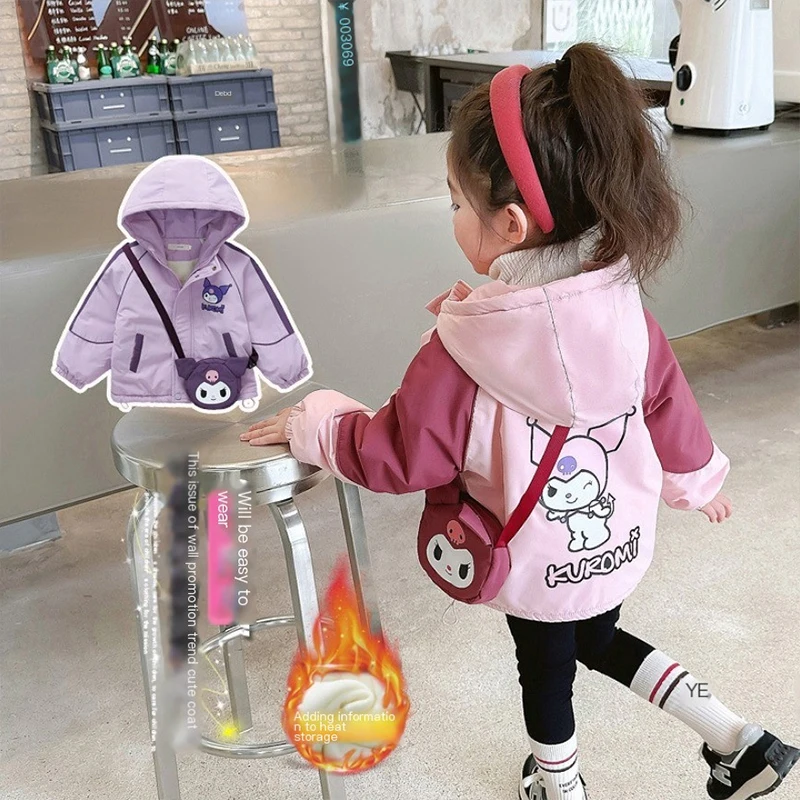 

2023 Sanrio Kawaii Anime Kuromi Autumn Winter Fleece Trench Coat Cute Cartoon Cotton New Childrens Warm Thick Clothes Toys Kids