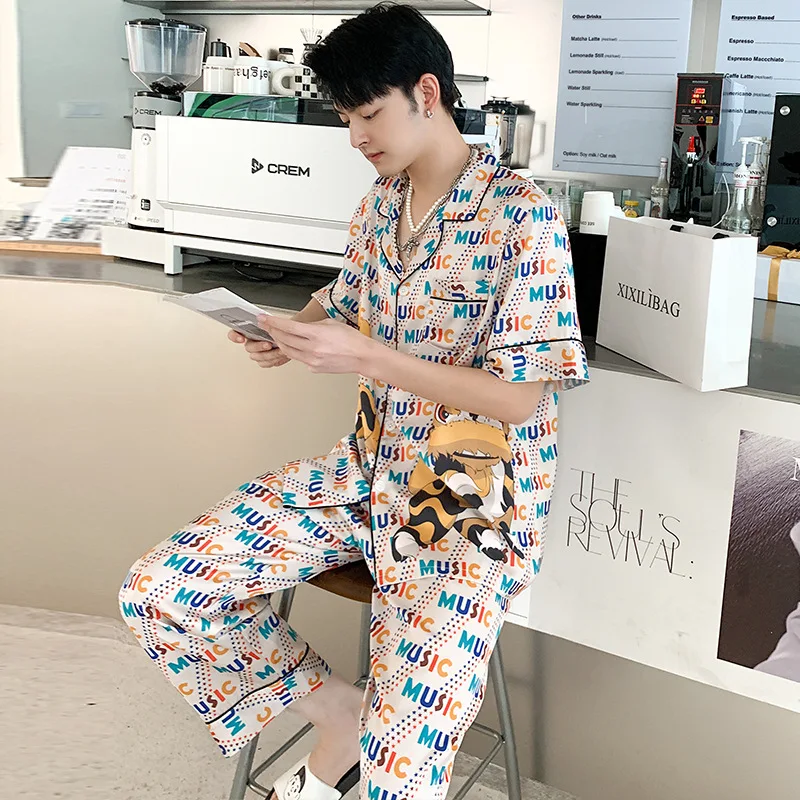 New men's comfortable pajamas spring and summer ice silk music letter lapel short-sleeved trousers suit thin casual home wear