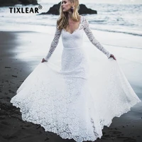 tixlear hippie lace v neck sweep train beach bohemian long sleeve illusion open back wedding dress wedding gown bridal gown