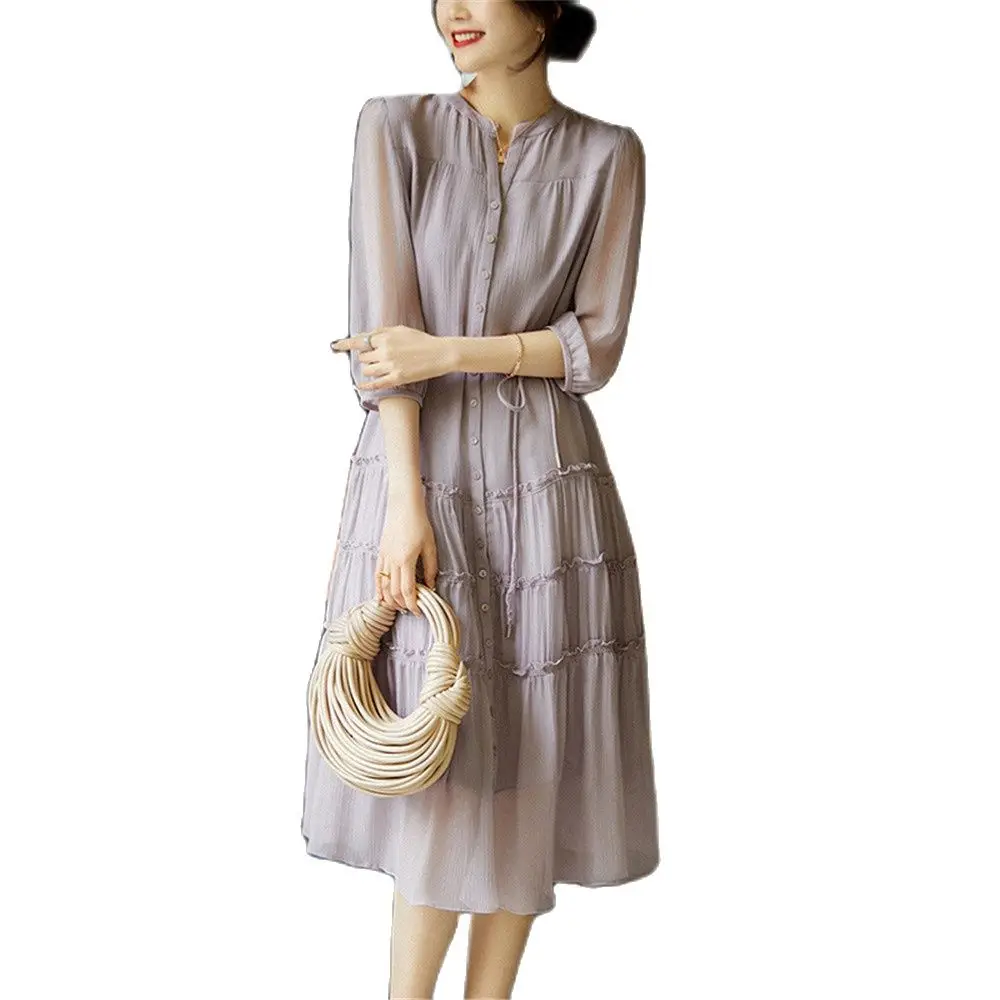 

Inside and outside mulberry silk smoked purple silk dress pleated lace big swing skirt 2023 summer new women's dress