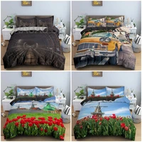 retro style duvet cover bedding set traditional dutch windmills railway and car pattern quilt cover bedclothes king queen 23pcs