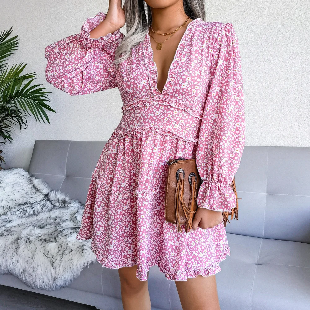 

Hot Sale Sexy V-neck floral wood ear Long Sleeve Chiffon dress women's wear