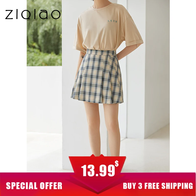 

ZIQIAO Japanese Women Blue Plaid Mini Skirt Side Pleated Design Skirt