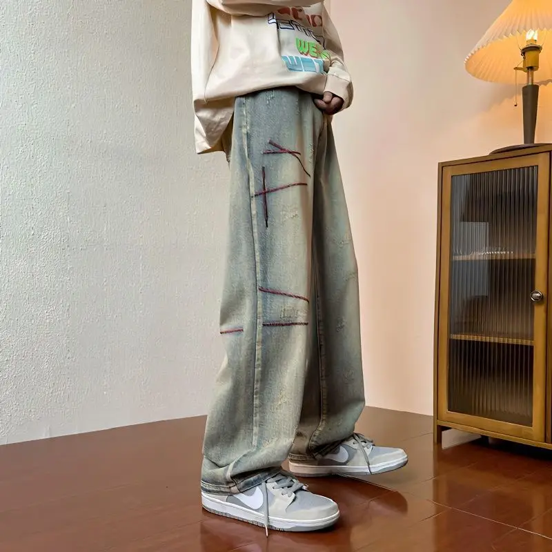 

2023 Spring Men Fashion Baggy Straight Jeans Male Hip Hop Streetwear Trousers Men Vintage Embroidery Wide-leg Denim Pants F248