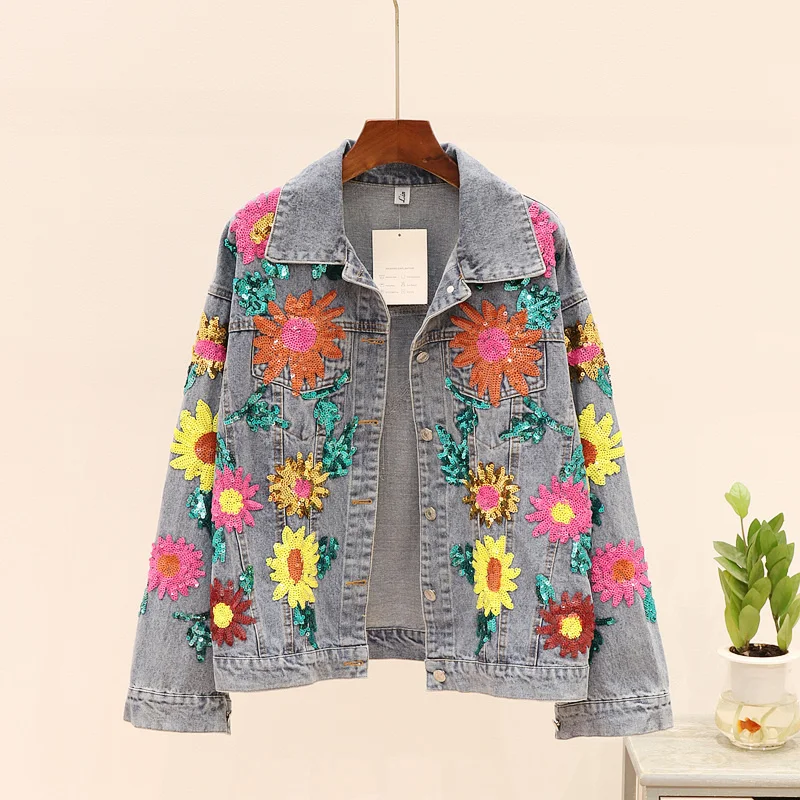 

Autumn Spring New Fashion Sequins Flowers Denim Women Basic Loose Long sleeve Jeans Jacket Female Vintage Short Outerwear
