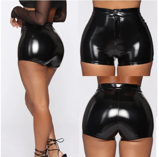 New spot 2022 solid color sexy nightclub stage performance suit high gloss close-fitting faux leather waist shorts